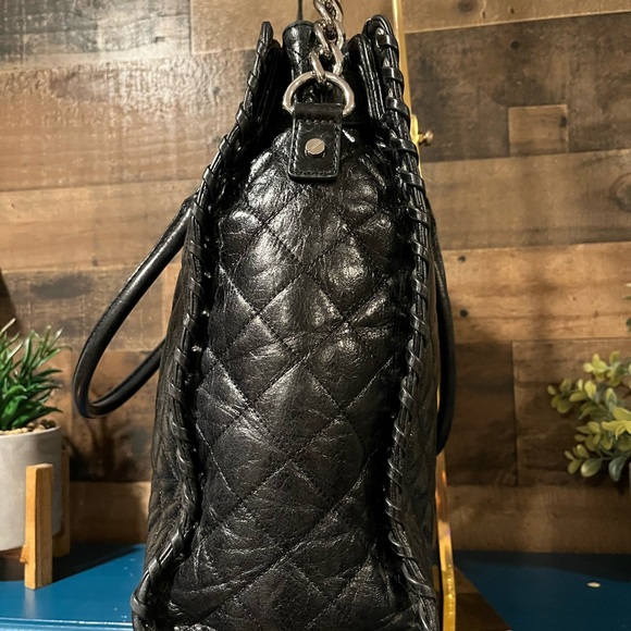 Michael Kors Black Leather Tote Silver Lock Laced Trim MK - Picture 4 of 12